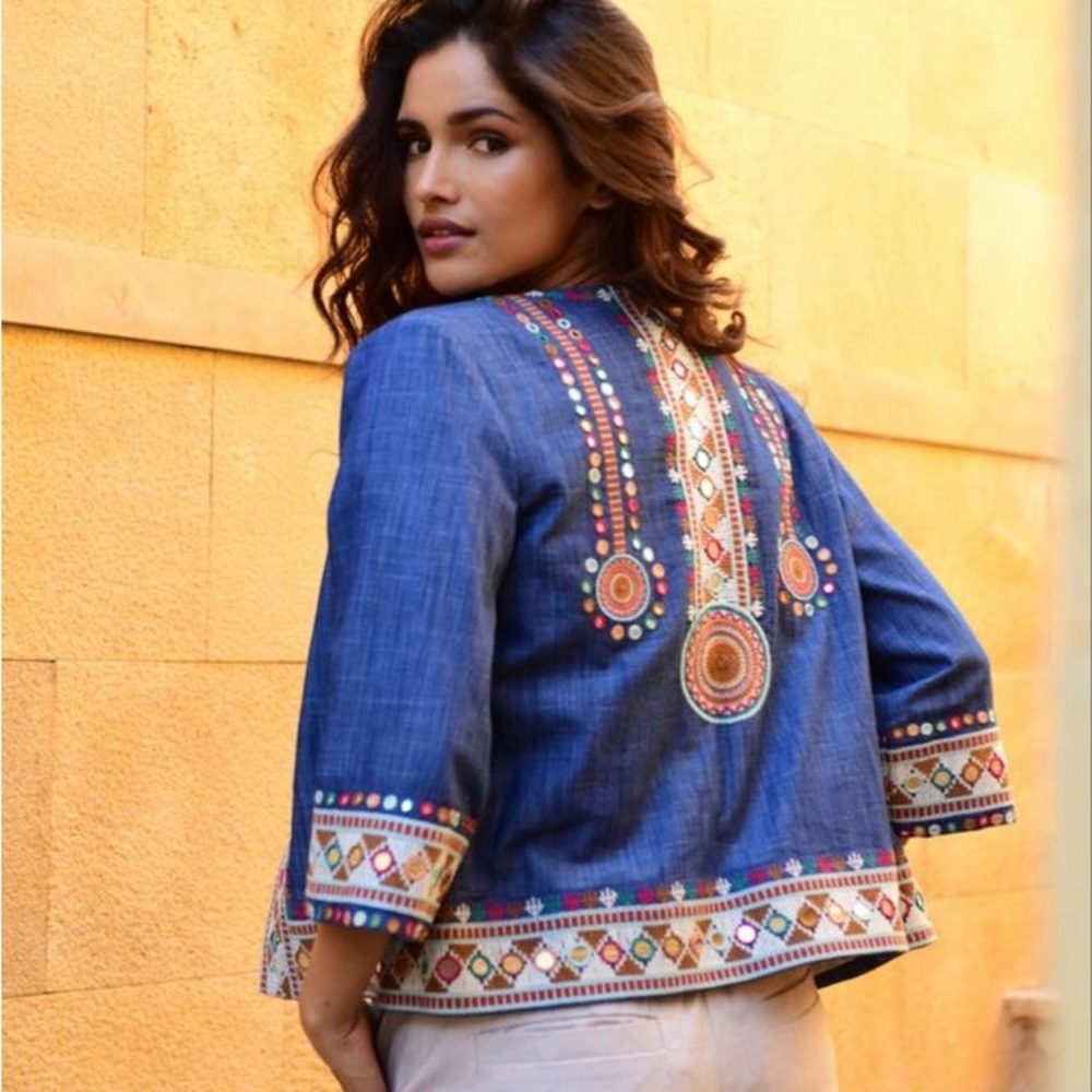 Souk Indigo Vesta Jacket Colorful Embroidered Blue Jean Reflective Blouse Blazer